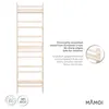 A tall, narrow wooden bookshelf with multiple shelves, presented against a white background with accompanying text and logos. Náhled obrázku produktu