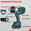 A diagram of a cordless impact wrench with labels pointing out its features. Podgląd zdjęcia produktu