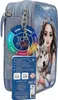A close-up of a pencil case with a girl and a wolf illustration, along with various tags and labels. Produktbild-Vorschau