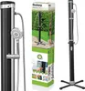 A collage of images showing a black outdoor solar shower, its packaging, and various usage scenarios. Produktbild-Vorschau
