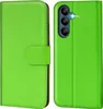 A green book-style phone case is shown from the front and back. Produktbild-Vorschau