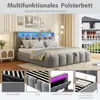 A collage of images showcasing a grey upholstered bed with LED lighting, storage compartments, and different angles of its construction. Náhled obrázku produktu