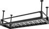 A black metal ceiling wine rack with a mesh shelf and glass holders, suspended by rods from the ceiling. Podgląd zdjęcia produktu