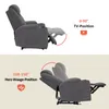 Two images of a gray recliner chair in different positions, with text and graphics indicating features. Náhled obrázku produktu
