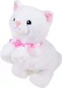 A white stuffed cat with a pink bow around its neck, sitting with its paws together. Náhľad obrázku produktu