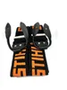 A pair of black and orange suspenders with leather clips against a white background. Produktbild-Vorschau
