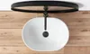 A top-down view of a white oval basin with a black faucet mounted on a wooden wall. Anteprima dell’immagine prodotto