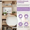 A multifunctional pegboard wardrobe with shoe storage and drawers, featuring icons and text describing its uses. Voir les images du produit
