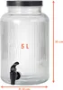 A clear product shot of a glass beverage dispenser with a black lid and a black spigot, showing dimensions and capacity. Produktbild-Vorschau