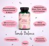 A product shot of a bottle of Vegavero Female Balance Complex surrounded by marketing text bubbles and decorative elements. Produktbild-Vorschau