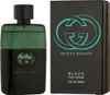 A bottle of Gucci Guilty Black Pour Homme Eau de Toilette and its packaging are displayed side-by-side against a black background. Anteprima dell’immagine prodotto