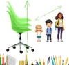 A green office chair is shown with three children standing next to it, with arrows indicating growth or size comparison. Various school supplies are at the bottom. Voir les images du produit