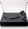 A black Lenco LS-15BK turntable with its dust cover open, shown from a slightly elevated front-left angle on a white background. Produktbild-Vorschau