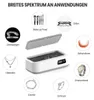 Collage showing a white ultrasonic cleaner with various items around it, illustrating its applications. Produktbild-Vorschau