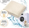 A cream-colored heated blanket is shown folded, with graphics indicating it is machine washable and has a detachable controller. A washing machine and a teddy bear are also visible. Produktbild-Vorschau