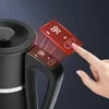 A close-up shot of a black electric kettle with a digital display showing the temperature, and a hand touching a control panel. Produktbild-Vorschau