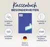 A marketing image showcasing the features of a Kassenbuch (cash book). Produktbild-Vorschau