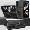Multiple views of a black protective phone case with a gold ring stand and camera cover, displayed on a light gray background. Produktbild-Vorschau