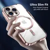 A hand holding an iPhone 15 Pro with a clear protective case, showcasing the Magsafe ring and camera protection. Produktbild-Vorschau