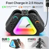 A charging station for Nintendo Switch Joy-Con controllers with colorful LED lighting, shown with text highlighting its features and benefits. Produktbild-Vorschau
