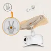 A baby bouncer with a mobile attachment, showing different reclining positions and a close-up of the harness. There is also an icon indicating bamboo material. Produktbild-Vorschau