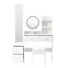 A white vanity table with a mirror, drawers, shelves, and a stool against a white background. Produktbild-Vorschau