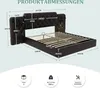 A diagram showing the dimensions of a black upholstered bed frame with a tufted headboard, along with icons representing packaging, maximum weight, and assembly. Produktbild-Vorschau