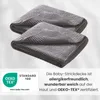 Two folded grey knitted baby blankets are shown diagonally, with a certification logo and descriptive text below. Produktbild-Vorschau