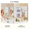 A split image showing a woman in a bathroom with a mirror and a storage cabinet filled with toiletries. Produktbild-Vorschau
