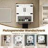 A collage of images showing a white wooden wall cabinet with barn-style doors, presented in different room settings (kitchen, bathroom, living room, laundry room). Produktbild-Vorschau