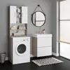 A laundry room with a washing machine, a cabinet, and a vanity with a mirror. Anteprima dell’immagine prodotto