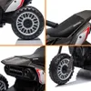 A collage of four close-up images of a black electric children's motorcycle, showing different angles and details. Anteprima dell’immagine prodotto