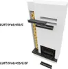 A 3D rendering of a modern fireplace unit with a wood storage compartment and two decorative shelves. Produktbild-Vorschau