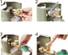 A four-panel instructional image showing how to connect a GasStop device to a gas cylinder. Produktbild-Vorschau