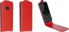Three views of a red flip case for a mobile phone, with one view showing the phone inside. Podgląd zdjęcia produktu