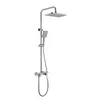 A modern shower fixture with a rain showerhead and a handheld showerhead, mounted on a vertical pole. Produktbild-Vorschau