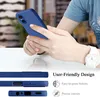 A person holding a blue phone case, with close-ups of the case's features below. Produktbild-Vorschau