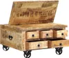 A rustic wooden chest with drawers and wheels, shown with its lid open. Produktbild-Vorschau