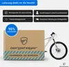 A bicycle partially emerging from a cardboard box, with promotional text and icons. Produktbild-Vorschau