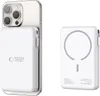 A white magnetic power bank is shown attached to the back of a silver smartphone. The power bank is also shown separately on the right side of the image. Náhled obrázku produktu