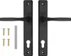 A set of black door handles with screws and a metal bar on a white background. Anteprima dell’immagine prodotto