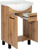 A bathroom vanity with a sink, showing open doors and a drawer. Podgląd zdjęcia produktu