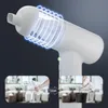 A close-up of a white handheld vacuum cleaner with glowing blue rings indicating airflow, and two inset images showing its use and emptying. Produktbild-Vorschau