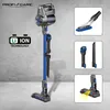 A collage showing a cordless vacuum cleaner and its accessories against a concrete wall background. Voir les images du produit