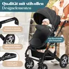 A person pushing a black baby stroller with a baby inside, with various feature callouts. Produktbild-Vorschau