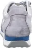The back view of a grey sneaker with blue accents. Produktbild-Vorschau