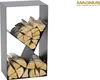 A black metal firewood rack filled with logs, shown against a white background. The rack has a modern, angular design with two angled shelves. The logs are cut and stacked neatly within the rack. A logo and text are present in the upper right corner. Anteprima dell’immagine prodotto