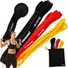 A woman is holding a red resistance band, with black, red, and yellow resistance bands behind her, and a black storage bag in the lower right corner. Produktbild-Vorschau