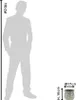 A person is shown next to a planter to indicate scale. Dimensions are also provided. Voir les images du produit
