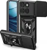 A black phone case with a sliding camera cover and a ring stand is shown from multiple angles. Produktbild-Vorschau